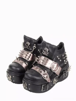 Gothic lolita platform shoes black PU leather with metal skull and spike decorations front three-quarter view double shoe display