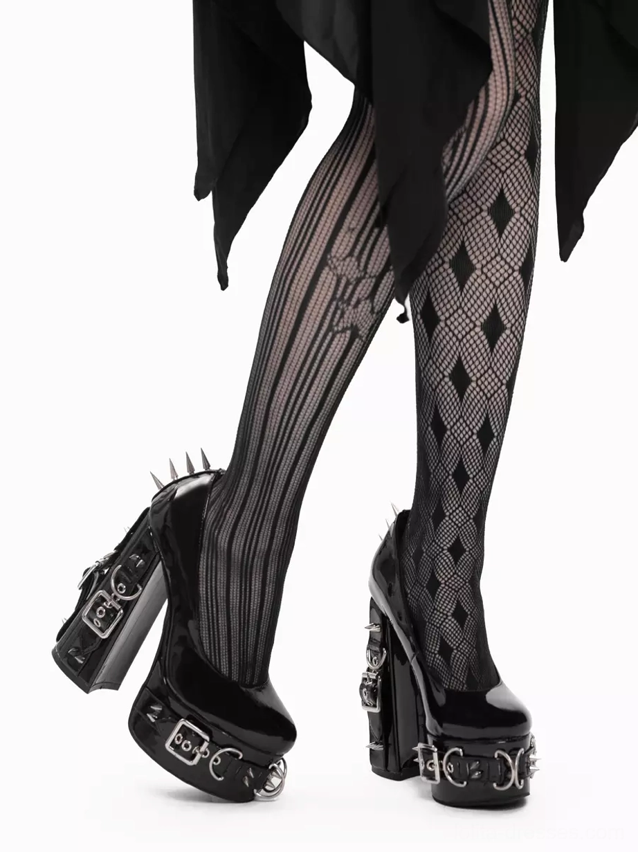 Gothic platform shoes rear-side low angle view model wearing mixed pattern stockings and black skirt rivet details