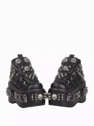 Punk-style platform Lolita shoes side three-quarter paired display silver metal skull spike decorations thick black platform sole