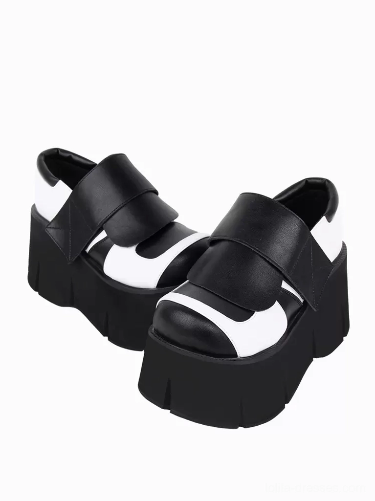 Gothic Lolita platform shoes front view pair showing smooth PU leather, wide hook-and-loop velcro strap, and decorative scalloped platform edges