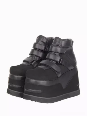 Black Gothic Lolita platform wedge boots front paired view showing dual hook-and-loop straps and round closed toe design