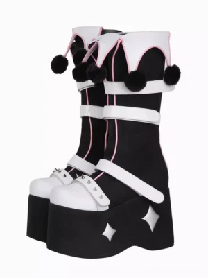 Gothic lolita platform wedge boots front view paired boots black white pink studded toe cap pom-pom decorations