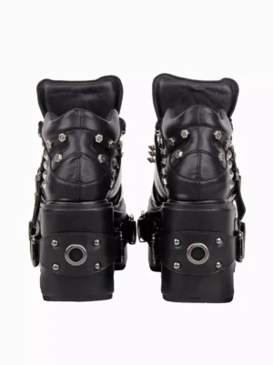 Gothic Lolita platform shoes rear view displaying studded details and circular metal hardware embellishments