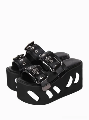 Gothic Lolita platform wedge sandals front three-quarter view, black PU leather with dual metal buckles and claw cutout wedge sole