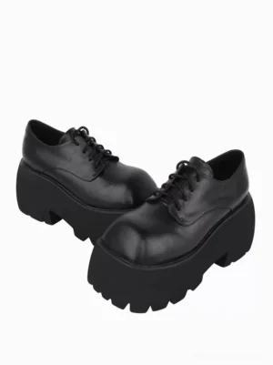 Black gothic lolita platform wedge shoes with lace-up closure and square toe double pair display oblique view