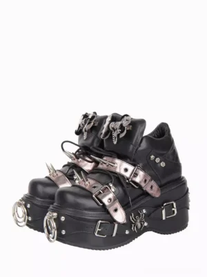 Gothic Lolita platform wedge shoes front three-quarter view black PU leather with silver spiked straps metal ring buckles and spider-themed ornament details