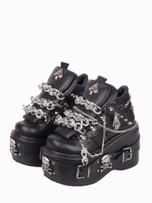 Gothic lolita platform wedge shoes front three-quarter view black pu leather silver metal chains skull buckles spade tongue ornament