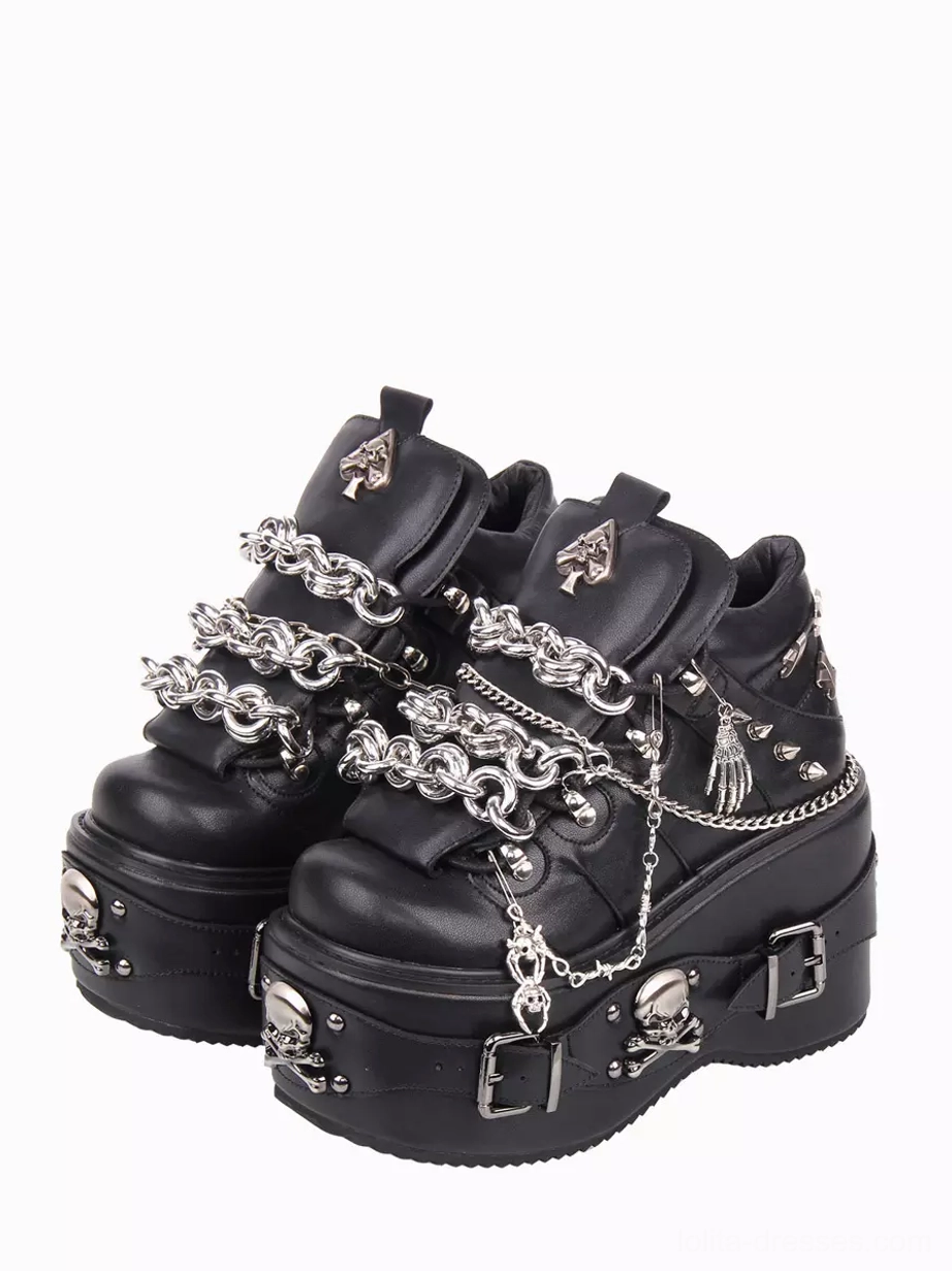Gothic lolita platform wedge shoes front three-quarter view black pu leather silver metal chains skull buckles spade tongue ornament