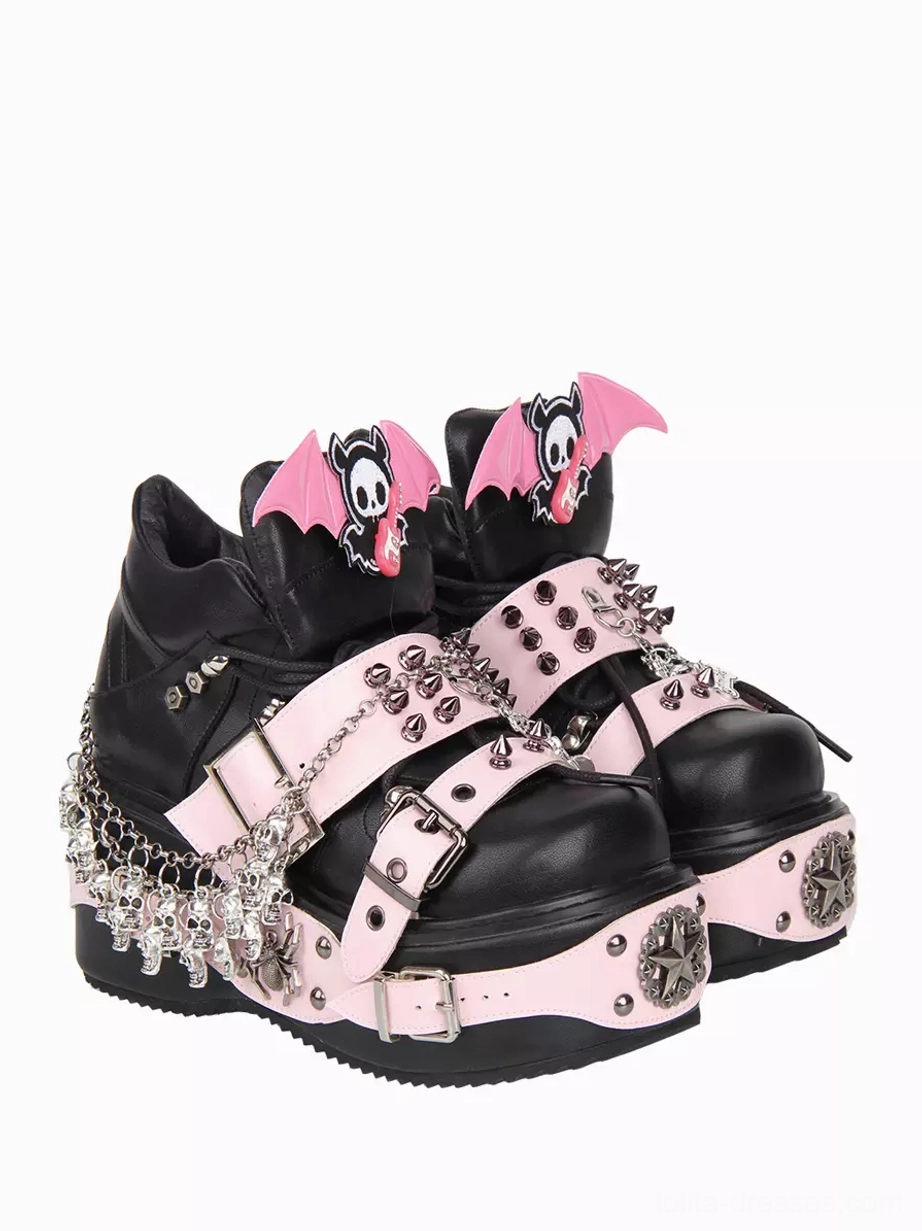 Black gothic lolita platform wedge shoes front paired close-up view showcasing bat skull charms detailed skull chain trims metal embellishments