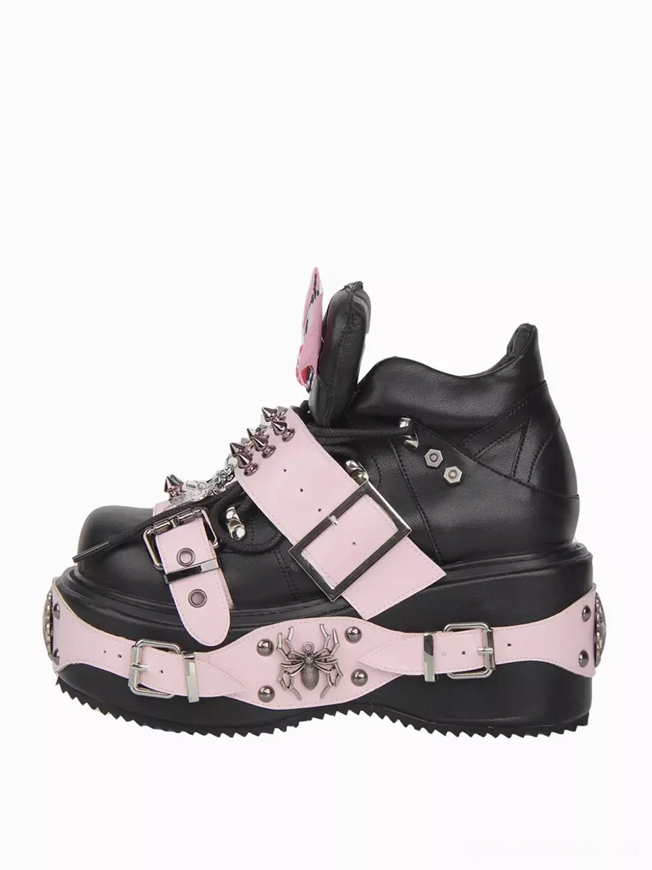 Black gothic lolita platform wedge shoes left side single shoe view with pink buckle strap and spider metal decoration details
