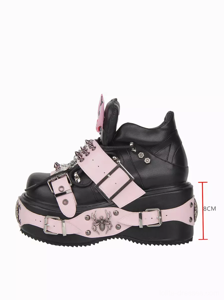 Black gothic lolita platform wedge shoes right side single shoe view with 8cm thick sole height mark pink buckle strap spider metal accents