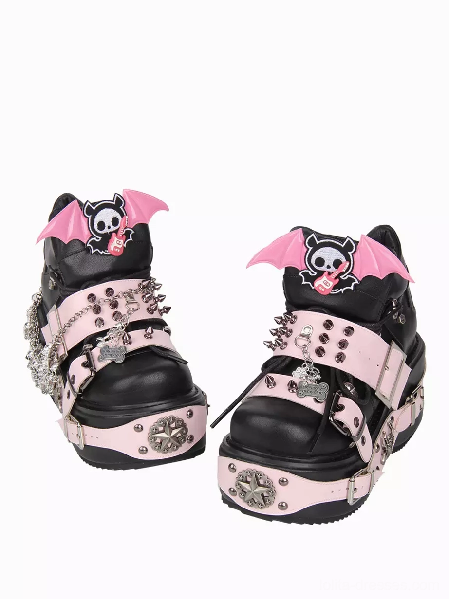 Black gothic lolita platform wedge shoes separated front paired view with bone-shaped pendants bat skull shoe toppers and studded straps