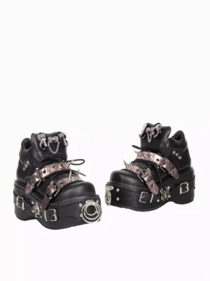 Gothic Lolita platform wedge shoes side view pair display silver chain skull ornaments spike straps chunky platform soles alternative fashion footwear