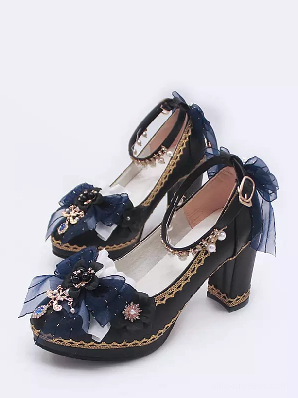 Three-quarter side view Gothic Lolita platform pumps featuring deep blue mesh fabric bows simplified jeweled ornaments and elegant pointed-toe silhouette against plain white background
