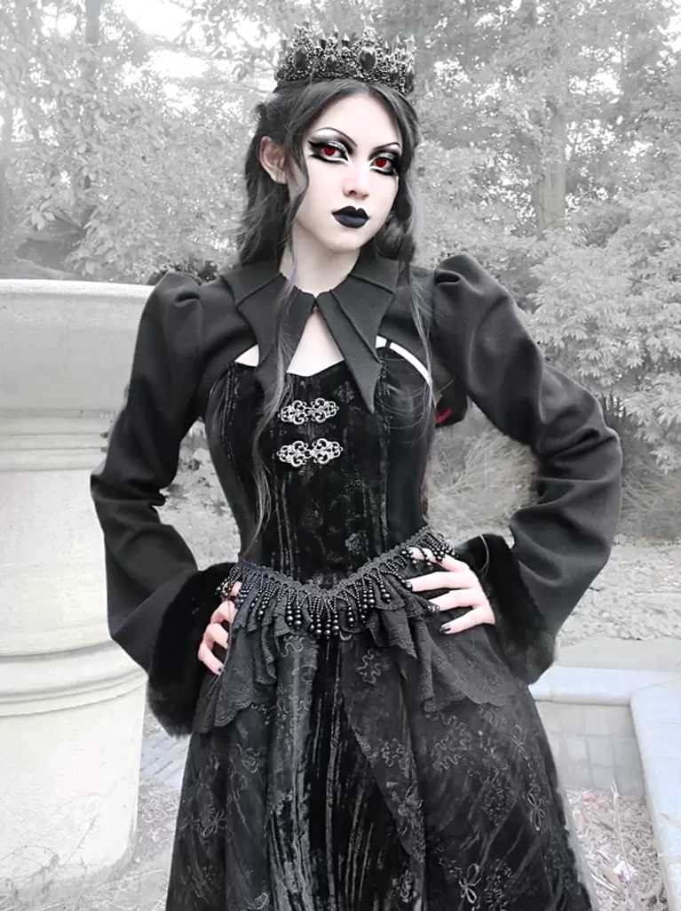 gothic-lolita-formal-dress-set-with-cropped-coat-puffed-sleeves-velvet-corset-top-beaded-waist-chain-front-view