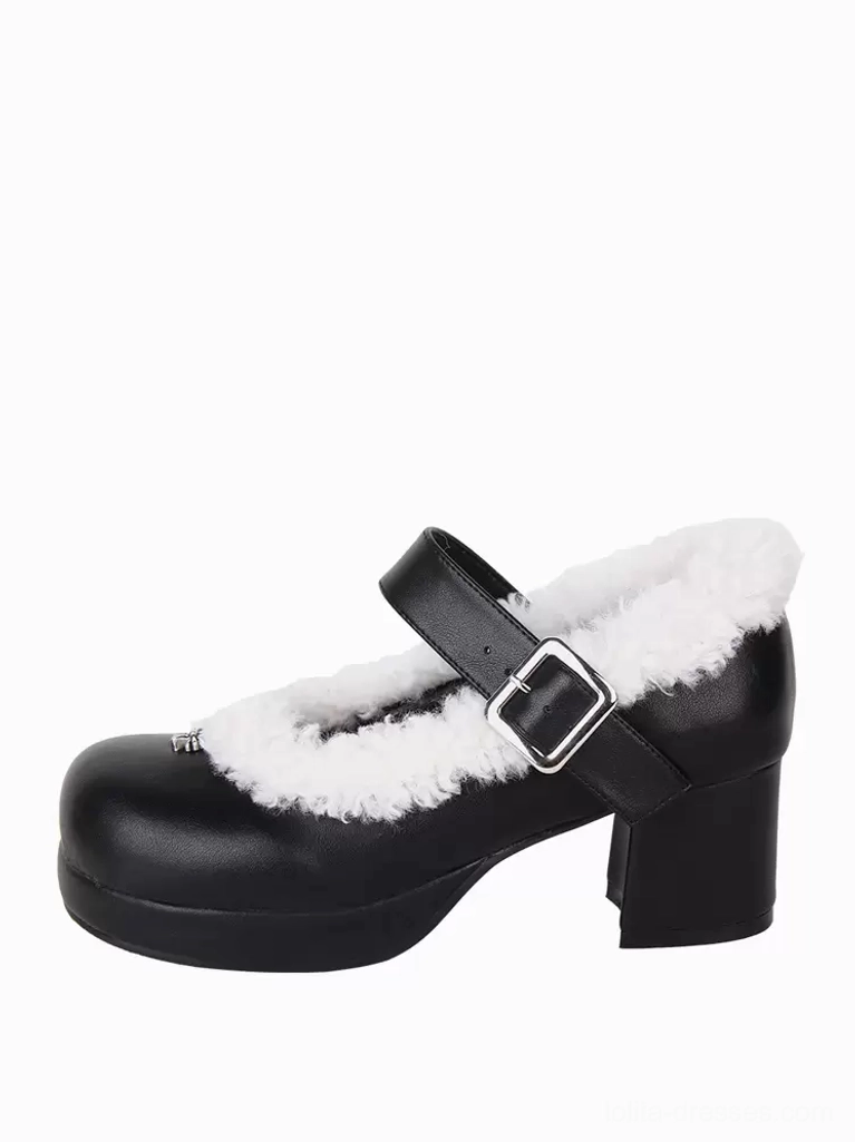 Single Gothic Lolita pump right side profile view displaying round closed toe, chunky black heel, white fuzzy collar detail, and overall silhouette