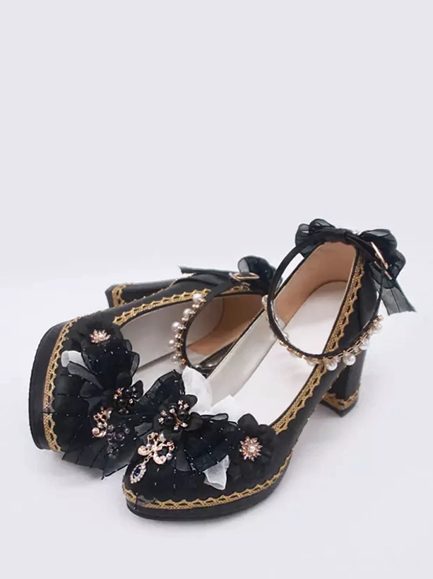Complete styling view Gothic Lolita platform pumps with complementary accessories showing how to coordinate pointed-toe shoes with Lolita fashion aesthetic
