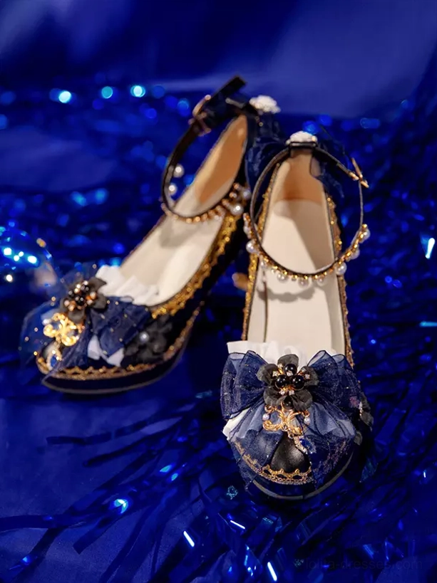 Detail shot Gothic Lolita platform pumps showcasing intricate fabric bow construction jewel charm placement and luxury polyurethane leather finish