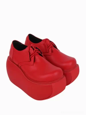 Red Gothic Lolita pumps side profile highlighting extra thick 10cm platform sole black inner lining and bright red matte upper perfect for dramatic Lolita coordinates