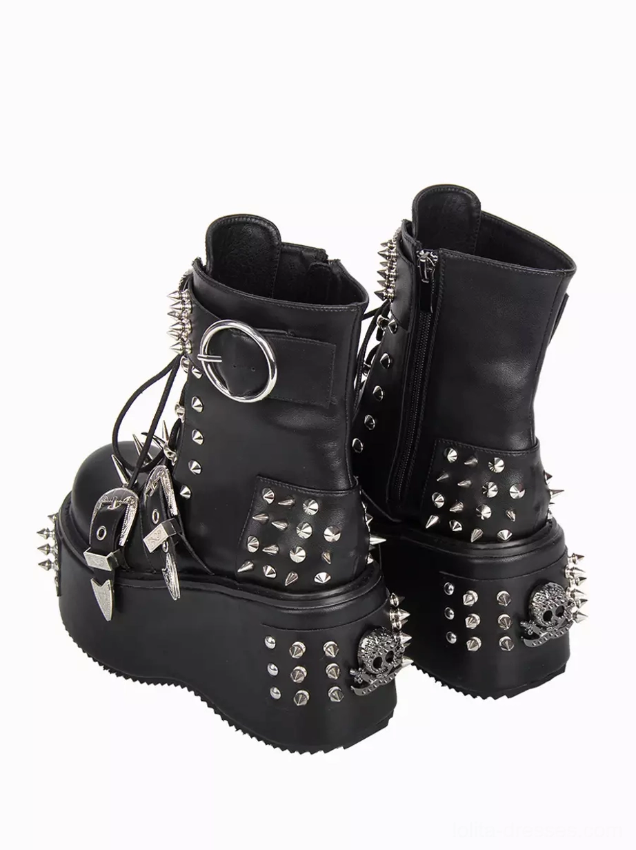 Pair of punk platform boots back and side display skull spike decorations chunky platform sole side zipper detail Gothic aesthetic