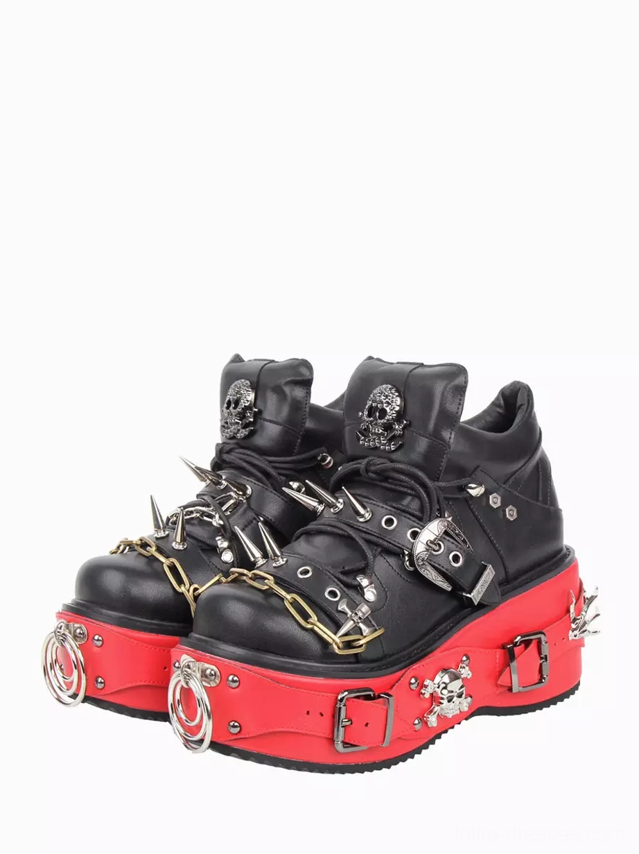 Gothic Lolita punk platform boots black rivets paired display front three-quarter view round toe red sole metal spikes chains skull embellishments white background