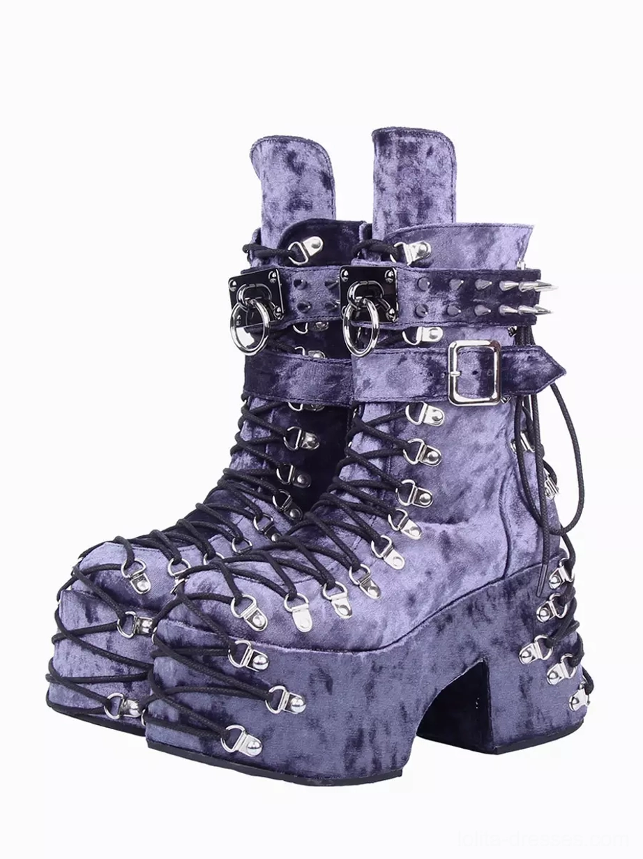 Purple crushed velvet gothic platform ankle boots metal hardware lace-up detailing three-quarter