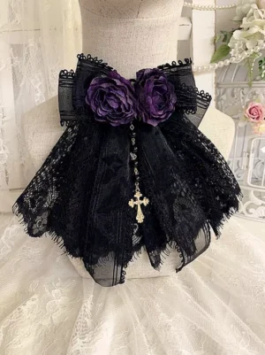 Gothic Lolita purple rose black lace bow corsage accessory with vintage gold cross charm detail