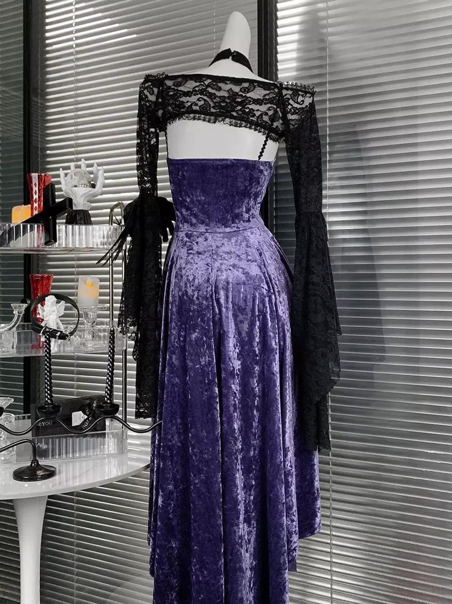 gothic lolita corset dress back view open back design long sleeve black lace bolero purple velvet high waist skirt