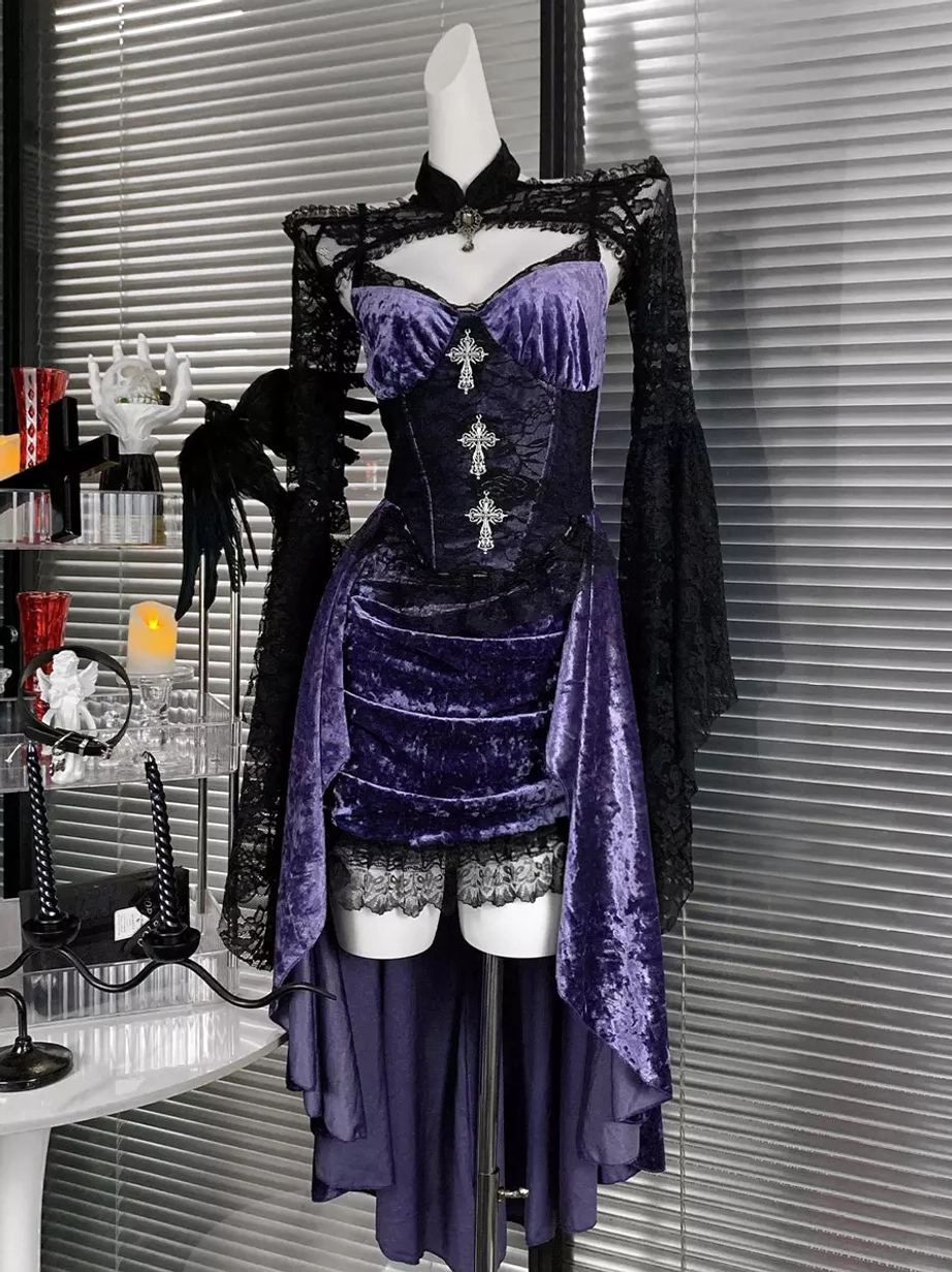 gothic lolita purple velvet corset jsk dress with black lace bolero cloak front view cross embellishment high-low skirt
