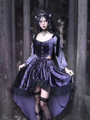Gothic Lolita purple velvet high-low skirt with black lace trim front three-quarter view outdoor