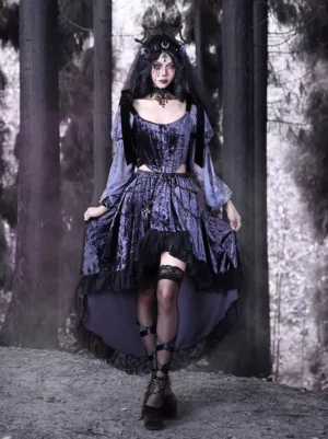 Full-length Gothic Lolita purple two-piece set with high-low lace skirt and sheer stockings