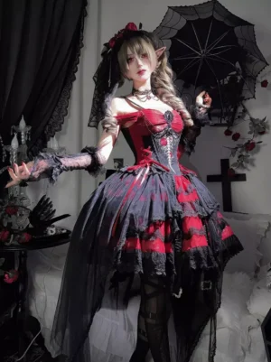 Gothic lolita dress medium front view model wearing veil rose headdress with black umbrella layered ruffle skirt