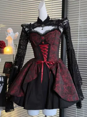 Red and black gothic lolita corset jsk dress with lace bolero front view on mannequin with rose decor