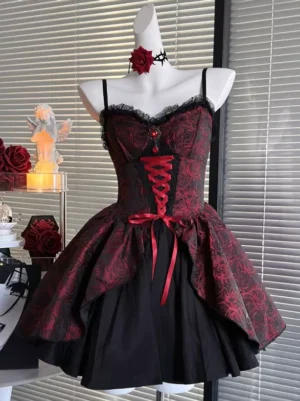 Red and black gothic lolita lace-up corset jsk dress with rose choker close-up front detail view