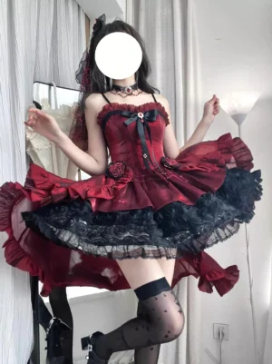 Gothic lolita gown red black back side view twirled skirt dotted stockings lace underskirt