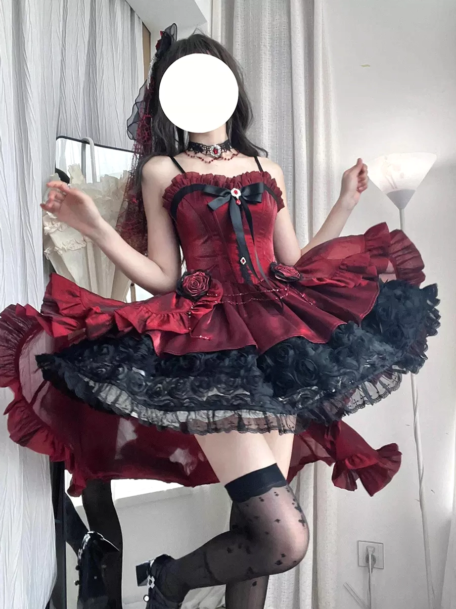 Gothic lolita gown red black back side view twirled skirt dotted stockings lace underskirt