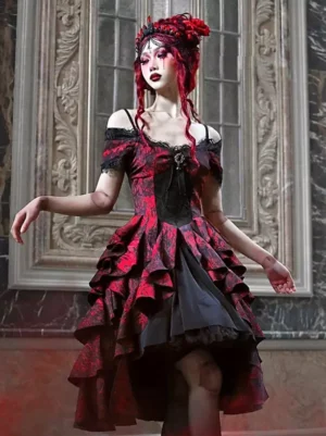Full front body view of red black jacquard gothic lolita corset dress with off-shoulder lace trim and dramatic ruffled high-low skirt hem