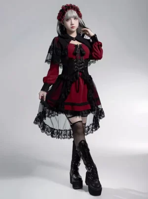 Red and black gothic lolita mini dress full-body front view with layered lace skirt, long ruffled sleeves, and corset waist detail