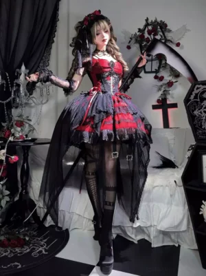 Gothic lolita red and black off-shoulder corset dress front view with curly twin-tail model in dark gothic bedroom setting