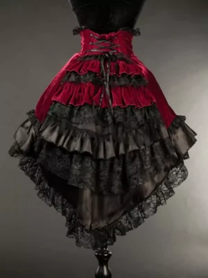 Gothic Lolita high-low velvet skirt with black lace ruffles front display dress form studio photography