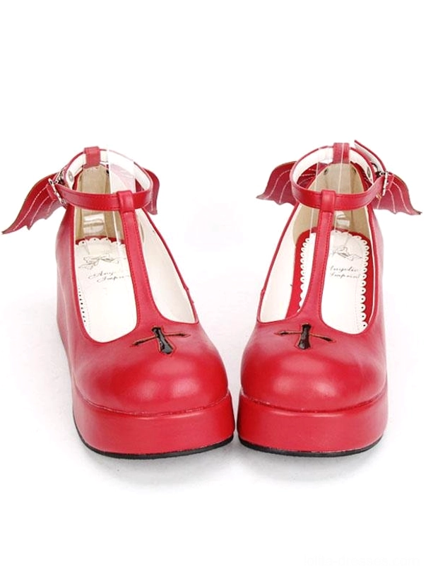 Red Gothic Lolita platform Mary Jane shoes front full pair view T-strap wing decoration cross toe cap thick platform heel