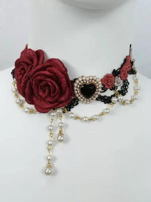Gothic Lolita red rose pearl choker with black lace and gold chain tassel front view on mannequin