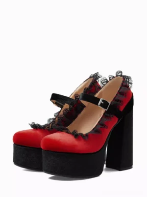 Gothic lolita red velvet platform pumps with black chunky heels and lace trim, three-quarter side view showing mary jane silhouette