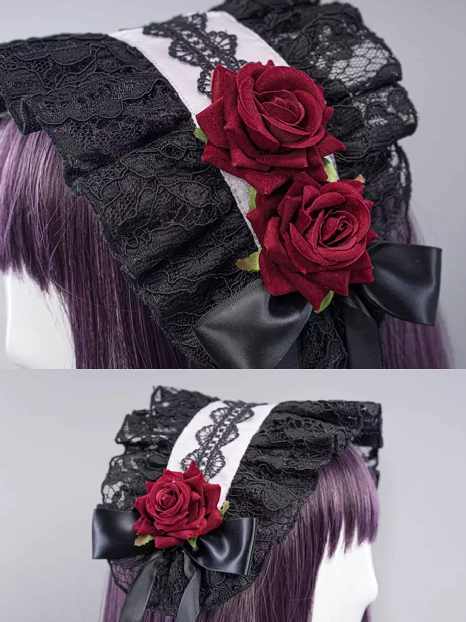 Gothic lolita rose headband black lace hairpiece dual red roses satin bow accent close-up