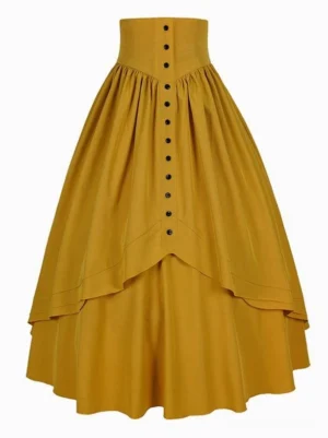 Mustard yellow high-waisted gothic lolita ruffle skirt front view flat lay showing layered ruffled hem and black button embellishments