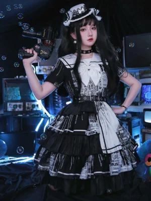 Black Gothic Lolita sailor dress with white bow front three-quarter view cyberpunk studio setting newspaper print tiered ruffle skirt