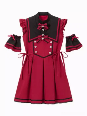 Wine Red and Black Gothic Lolita Sailor Dress with Bow Chest Decorations and Lace Trim - Front Flat Display