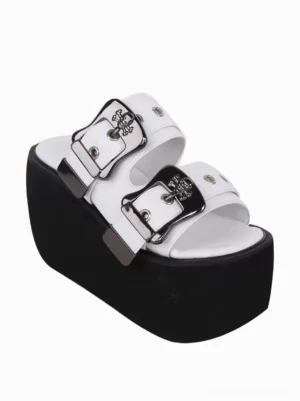 Single white gothic lolita sandal side three-quarter view showcasing chunky black platform heel peep toe construction adjustable strap details