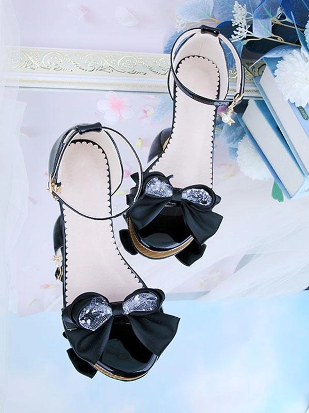 Gothic lolita heel sandals black PU leather black satin bow gemstone accent ankle strap overhead view
