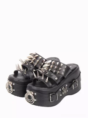 Black gothic lolita platform sandals pair front view with silver spike studs and metal spider ornaments on white background